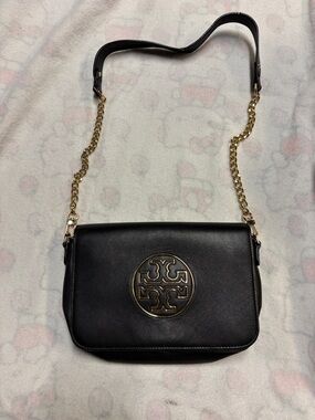 Tory Burch Black Leather Shoulder Bag with Gold Logo